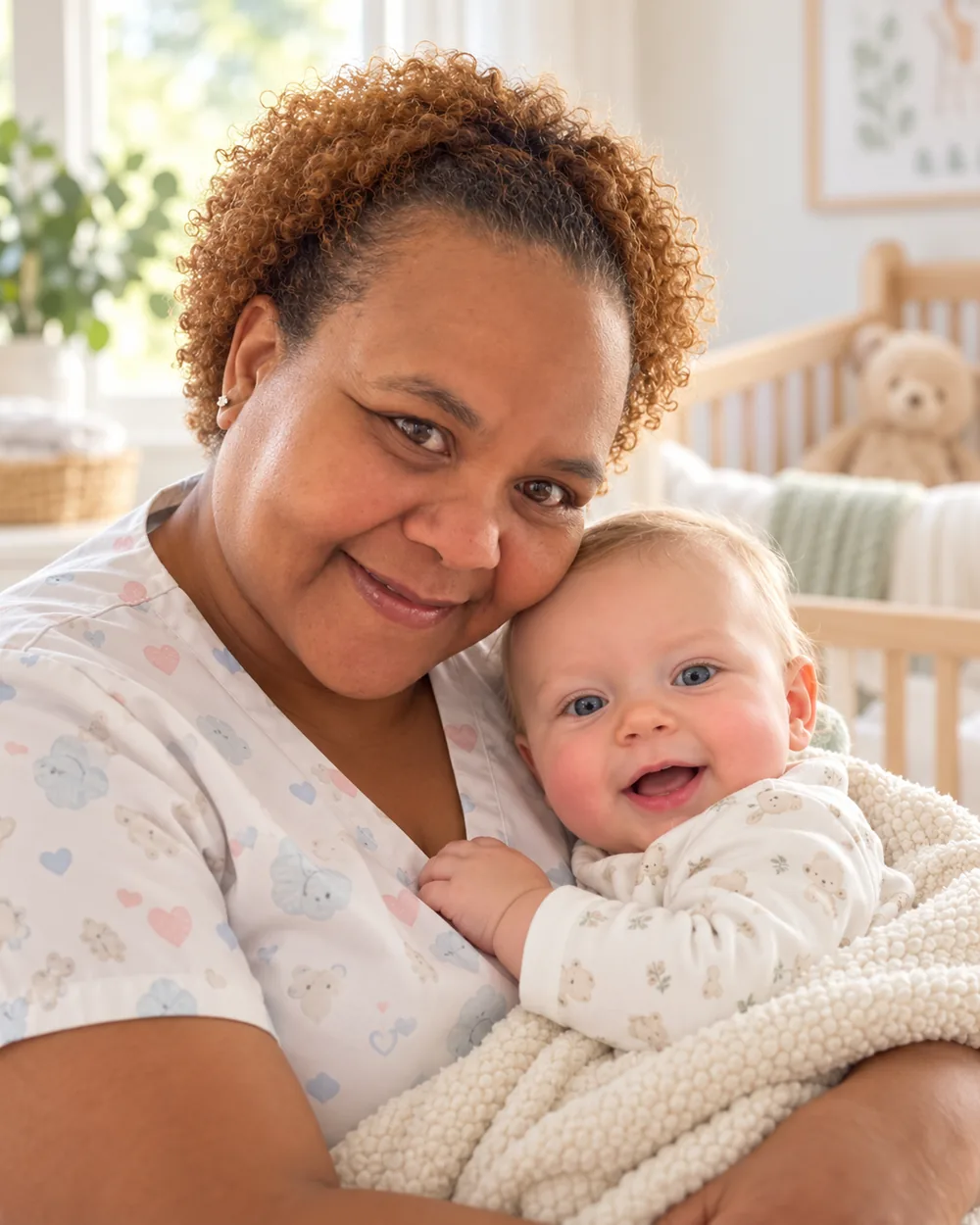 Arlene holding a smiling baby in a nursery