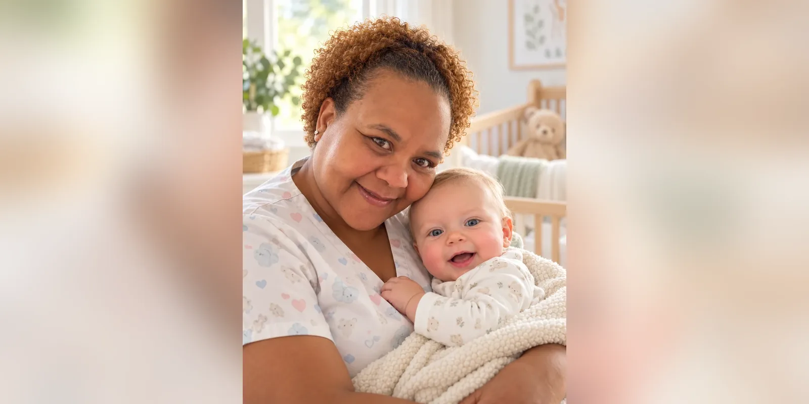 Arlene Excell holding a baby and smiling
