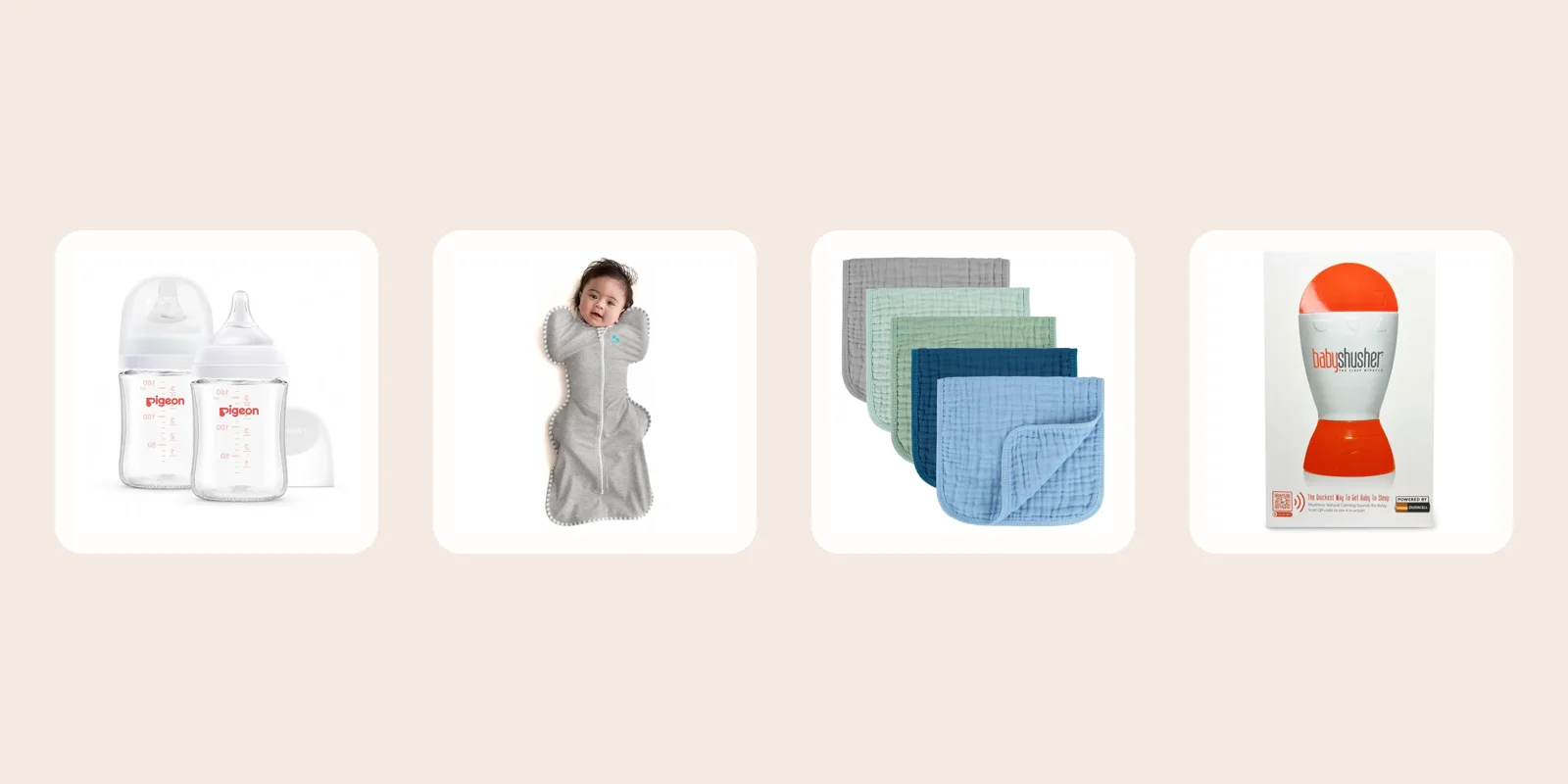 Glass baby bottles, a swaddle, burp cloths and a sound machine from Arlene's list