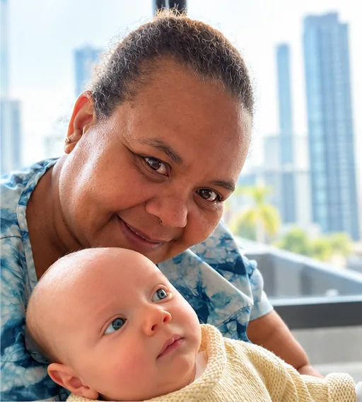 Arlene with a baby resting on her shoulder by a window